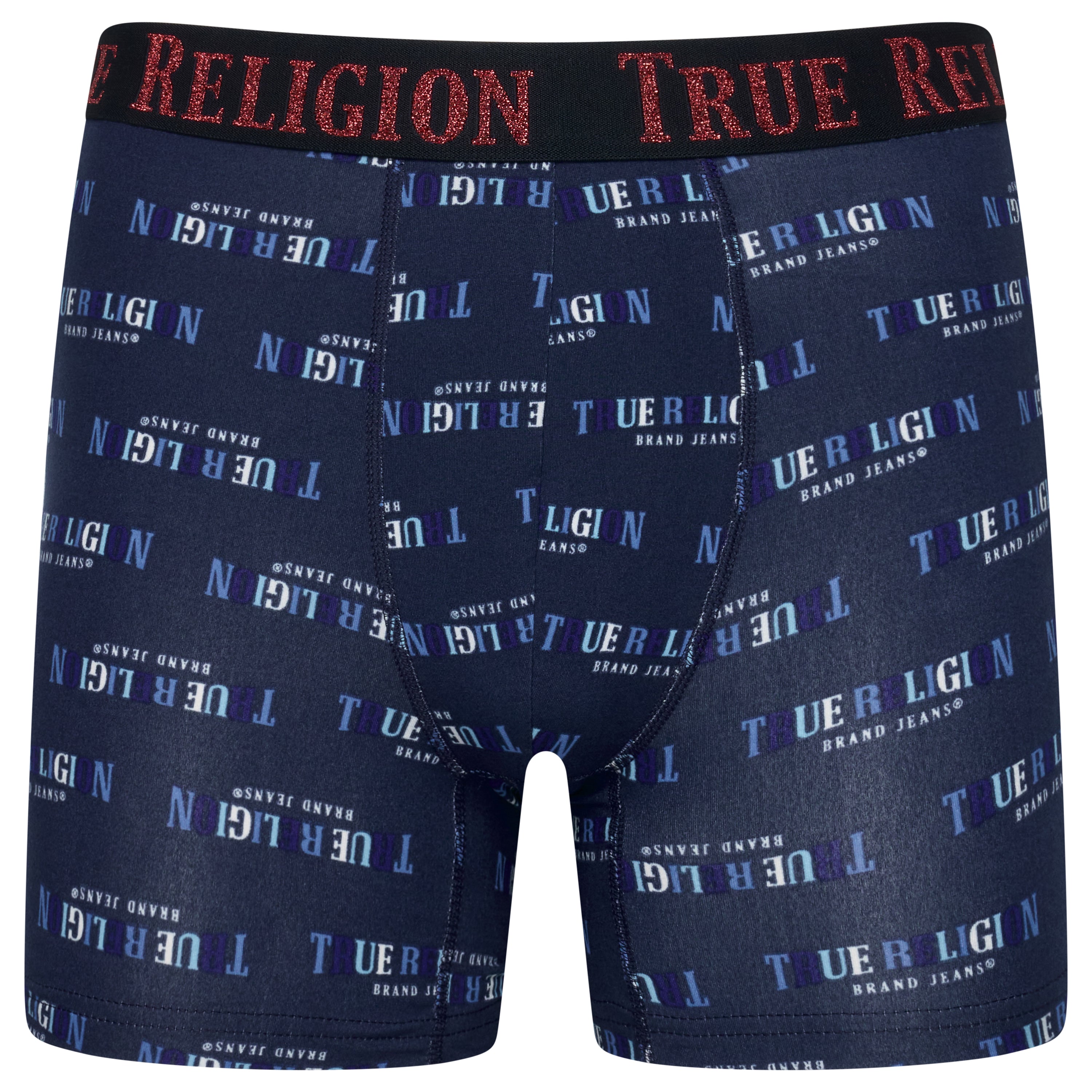 True Religion boxer briefs with brand logo on waistband and patterned design.