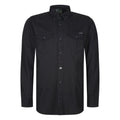 Black button-up shirt with two front pockets on a white background