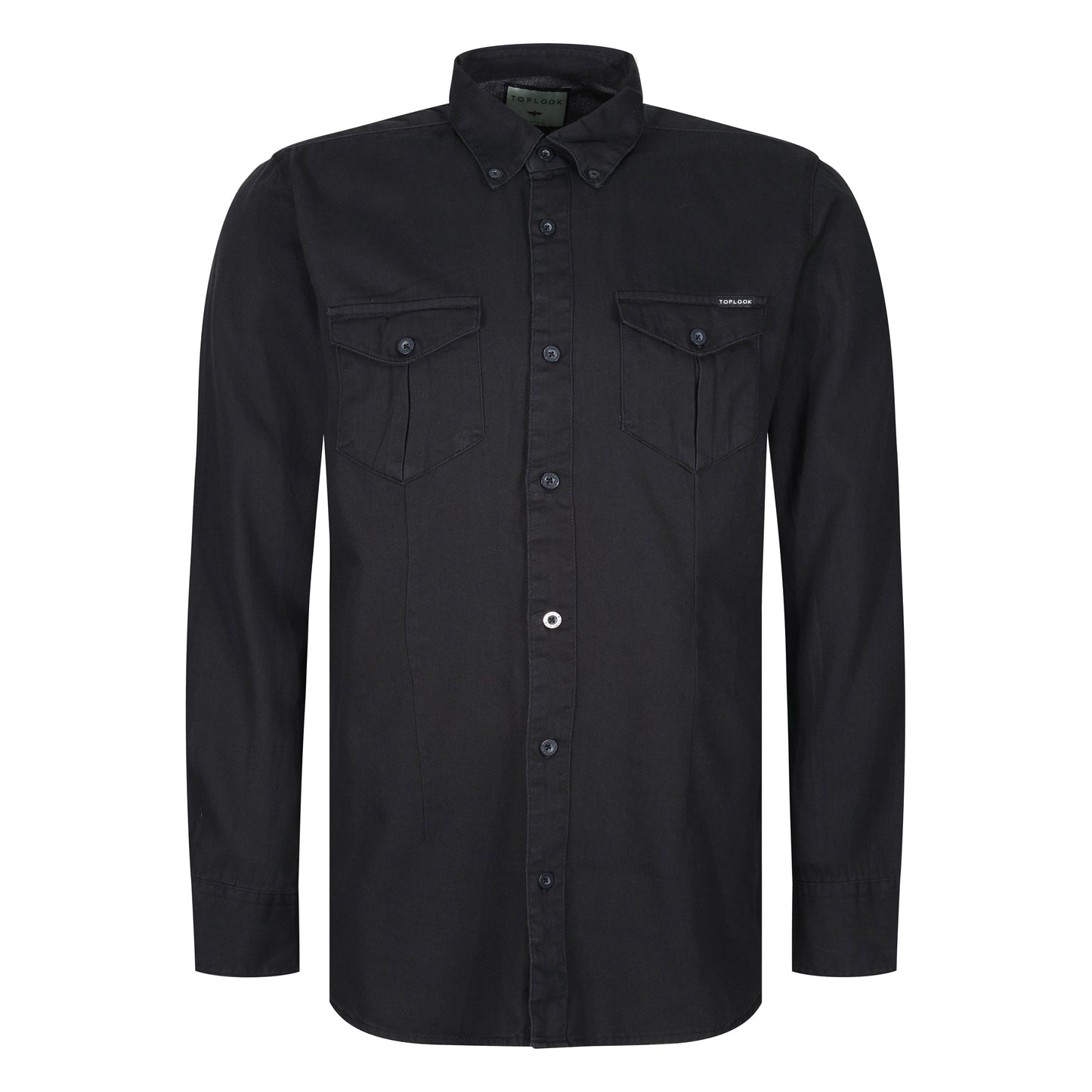 Black button-up shirt with two front pockets on a white background