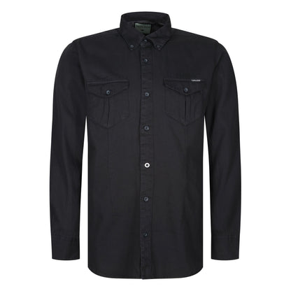 Black button-up shirt with two front pockets on a white background