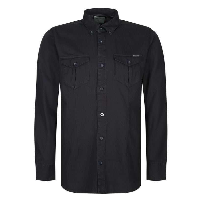 Black button-up shirt with two front pockets on a white background