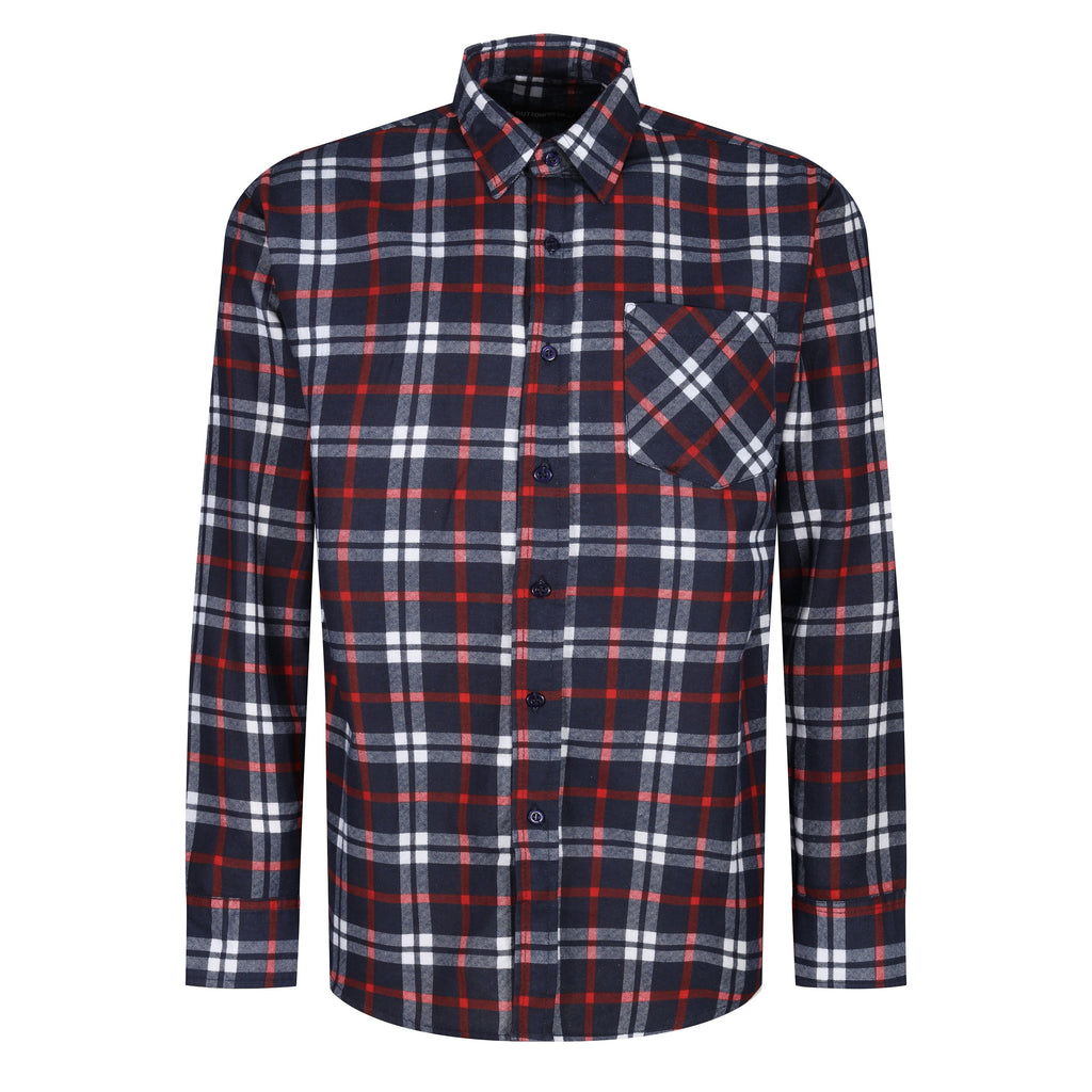 Plaid shirt with red, blue, and white pattern on a white background