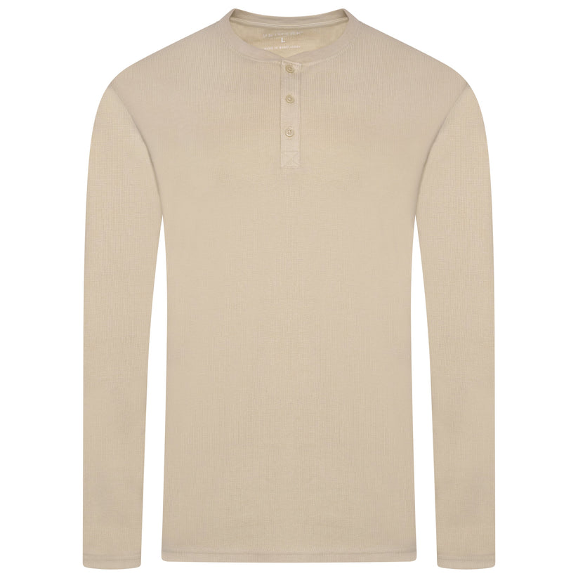 Mens Henley Long Sleeve T Shirt Waffle Knit Cotton Casual Top - QHA UK