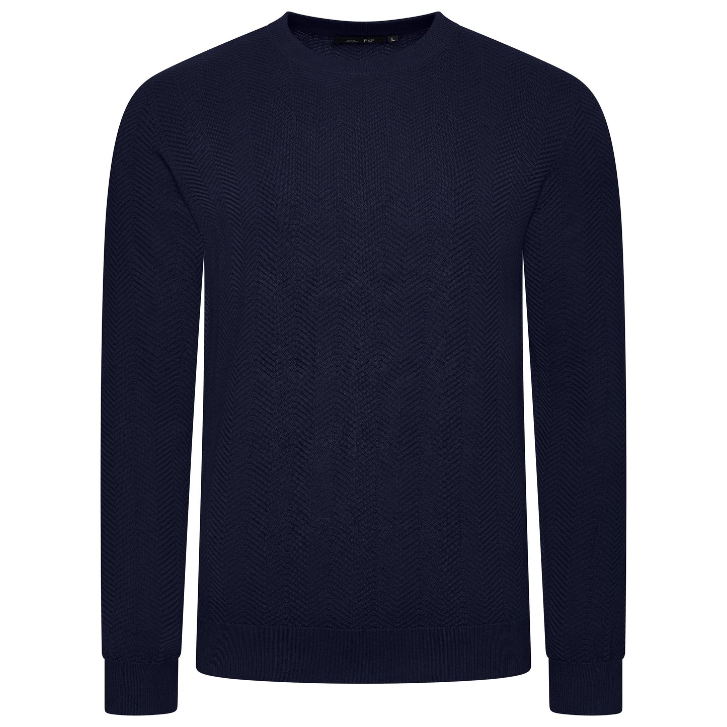 Navy blue textured sweater on a white background