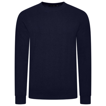 Navy blue textured sweater on a white background