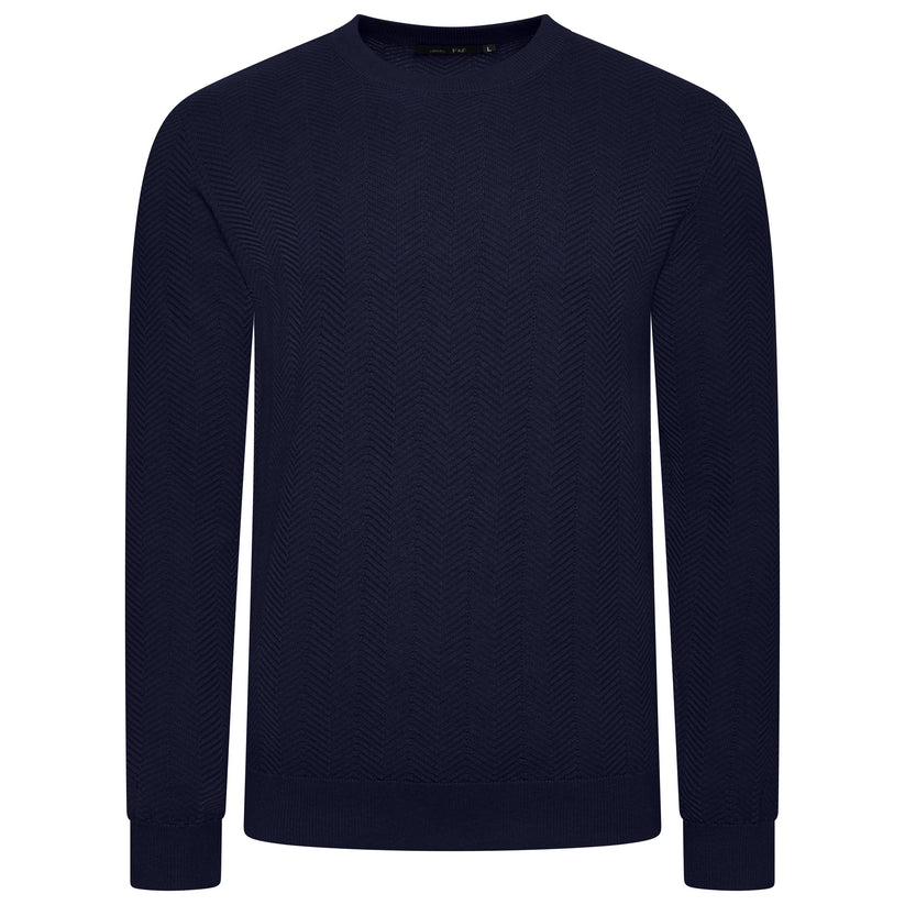 Navy blue textured sweater on a white background