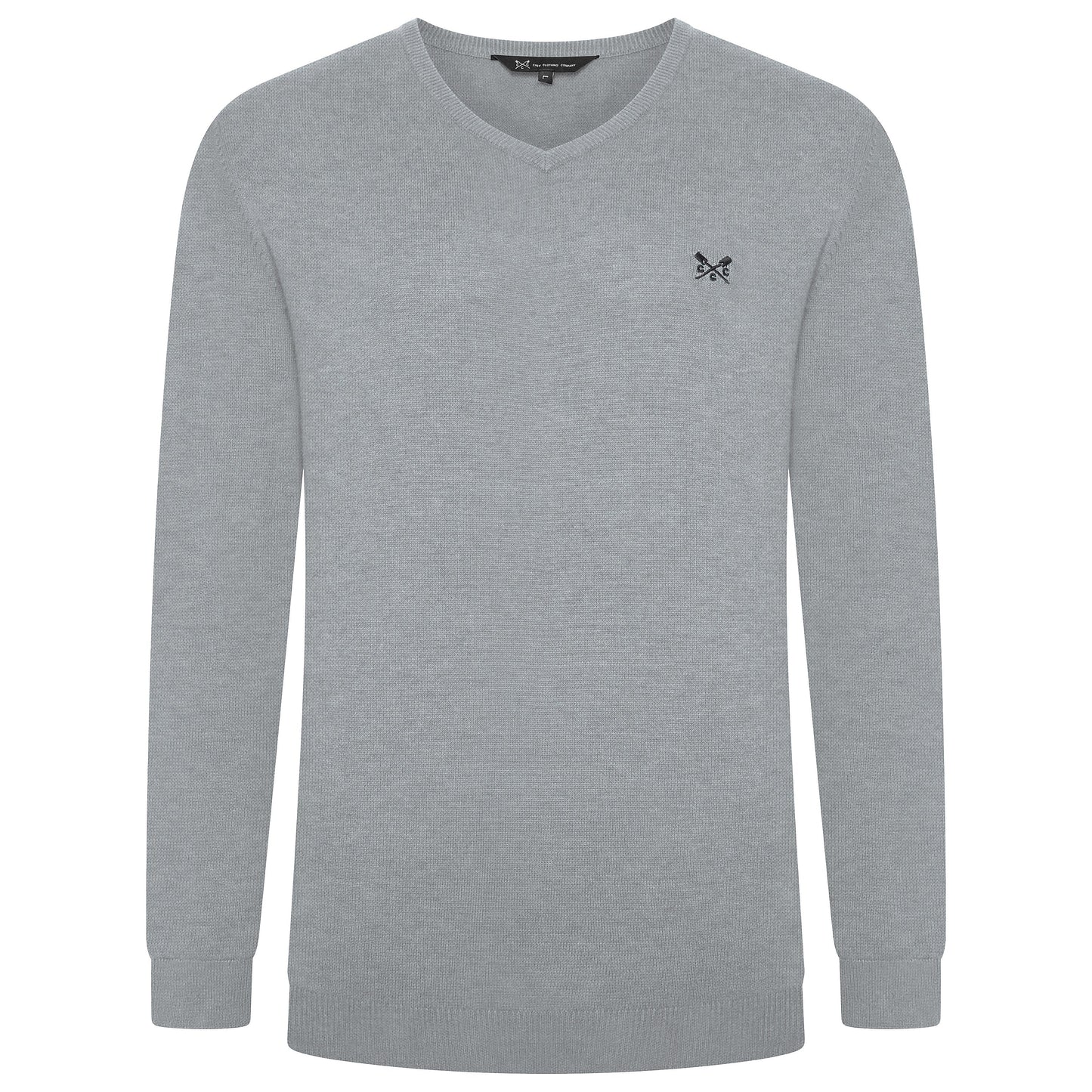 Gray sweater with a small logo on a white background