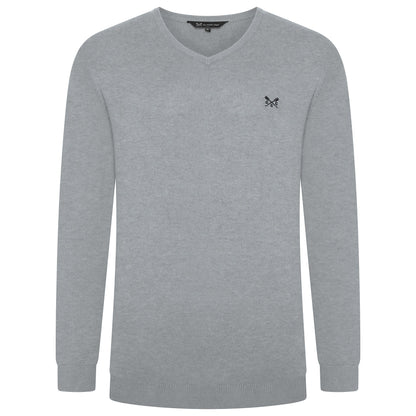 Gray sweater with a small logo on a white background
