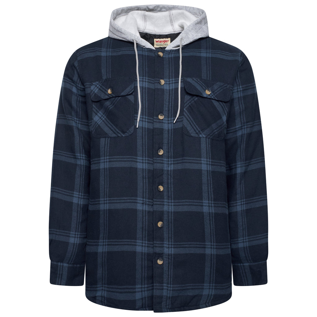 Navy plaid jacket with gray hood on a white background