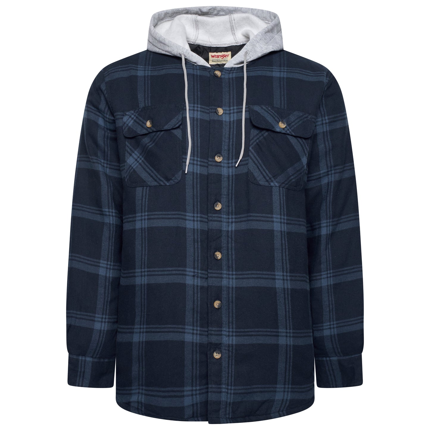 Navy plaid jacket with gray hood on a white background