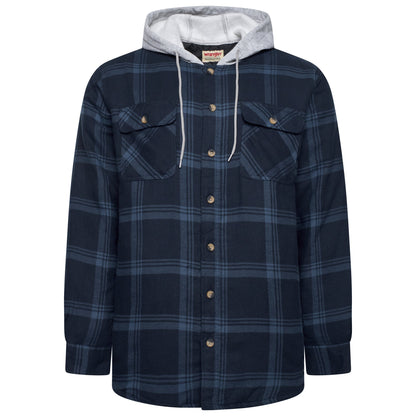 Navy plaid jacket with gray hood on a white background