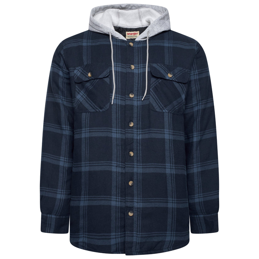 Navy plaid jacket with gray hood on a white background
