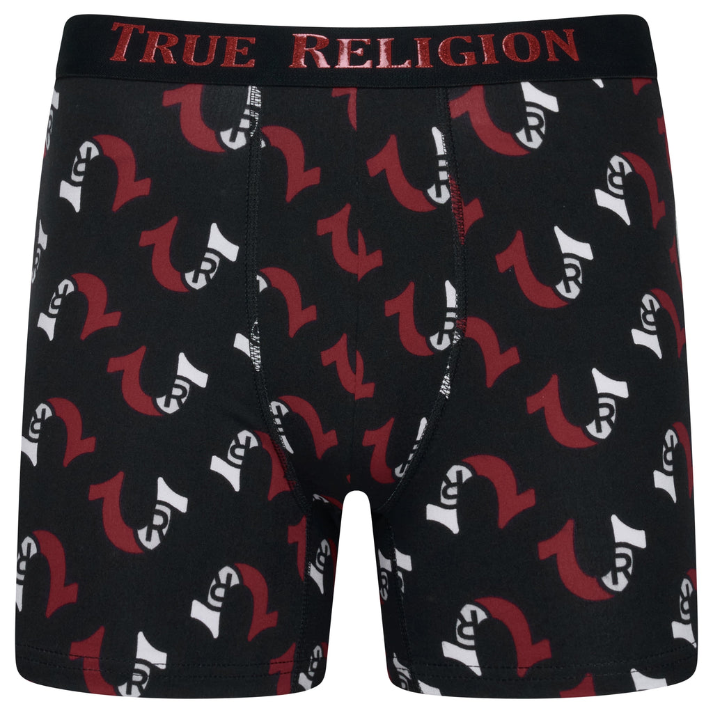 Black boxer briefs with red and white logo pattern and 'True Religion' waistband on a white background