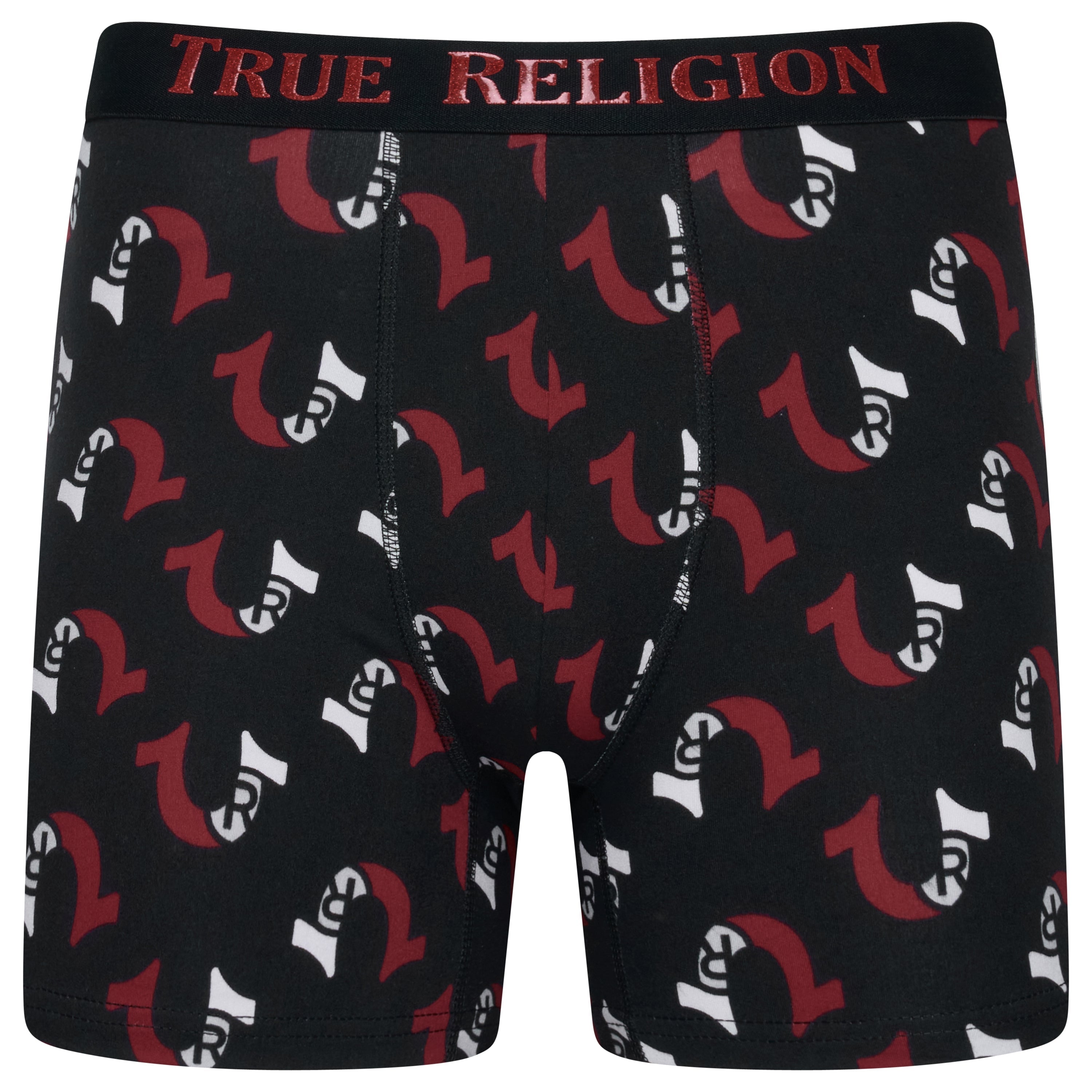 Black boxer briefs with red and white logo pattern and 'True Religion' waistband on a white background