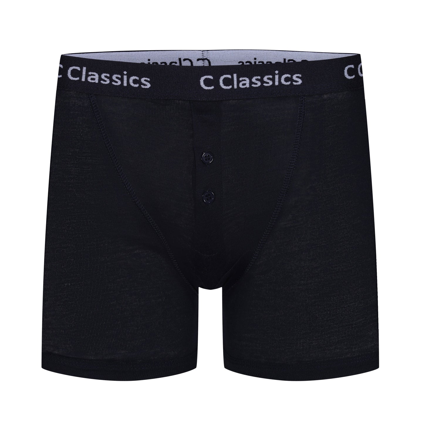 Navy boxer briefs with brand logo on waistband against a white background