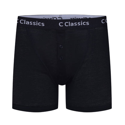 Navy boxer briefs with brand logo on waistband against a white background
