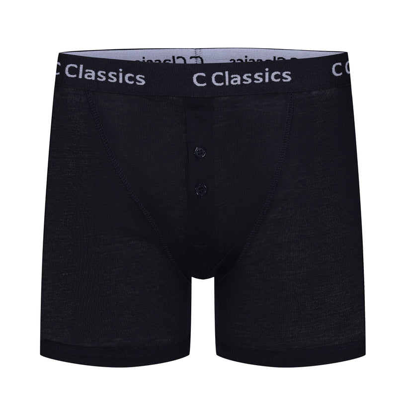 Navy boxer briefs with brand logo on waistband against a white background
