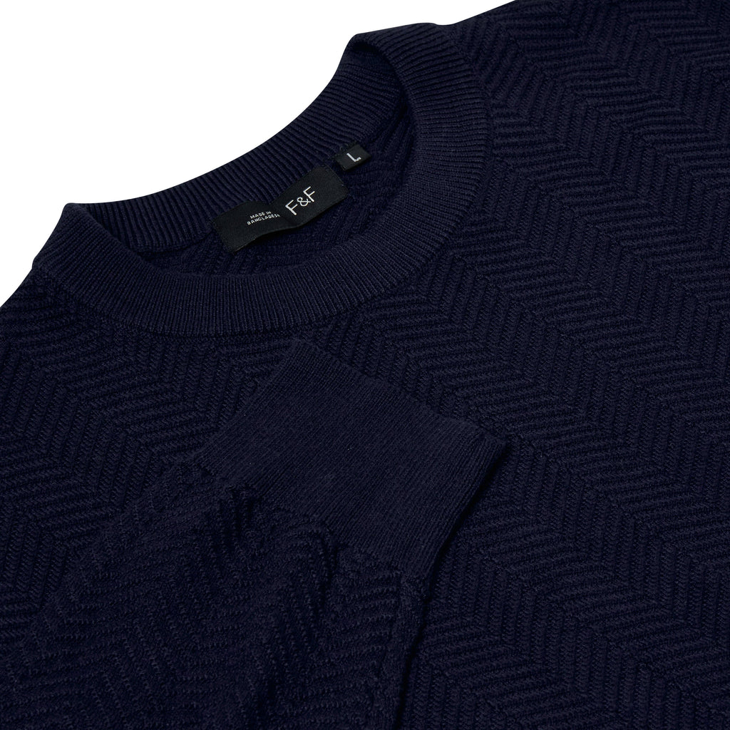 Mens Crew Neck Jumper Chevron Knit Cotton Blend Casual Sweater - QHA UK