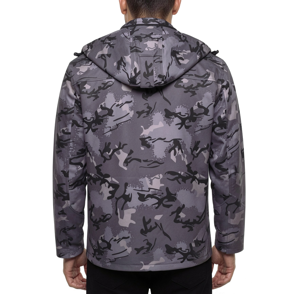 Mens Camo Softshell Jacket Hooded Waterproof Windproof Fleece Coat - QHA UK