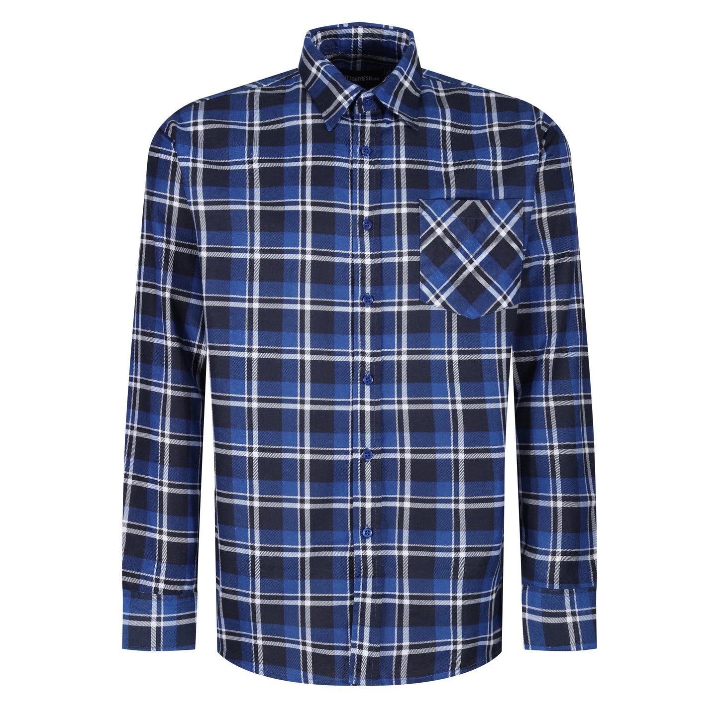 Blue and black plaid shirt on a white background