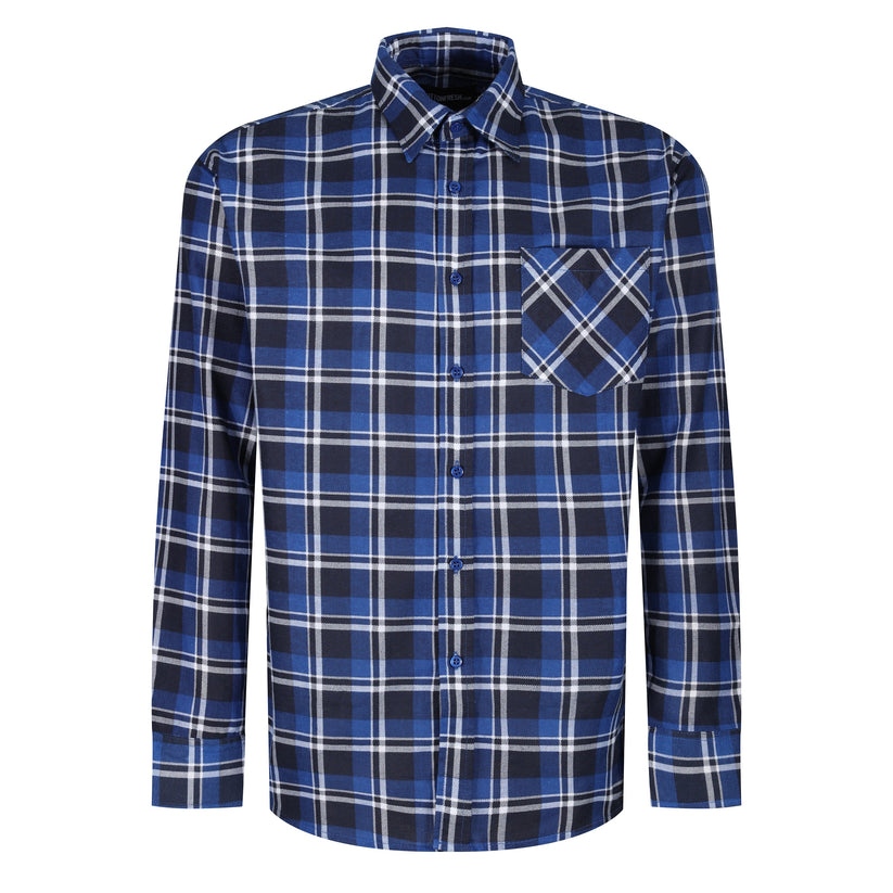 Blue and black plaid shirt on a white background