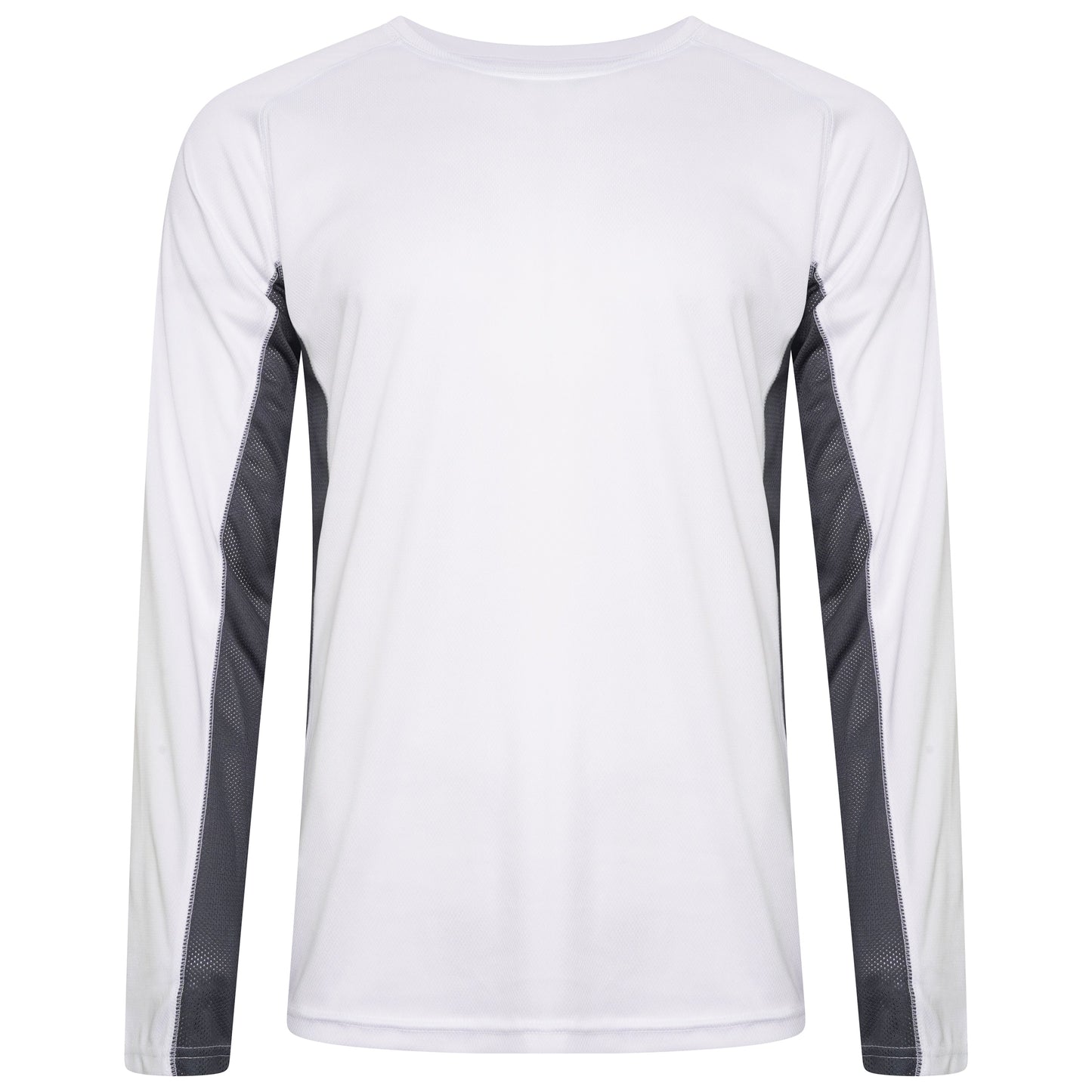 White long-sleeve shirt with gray sleeves on a white background