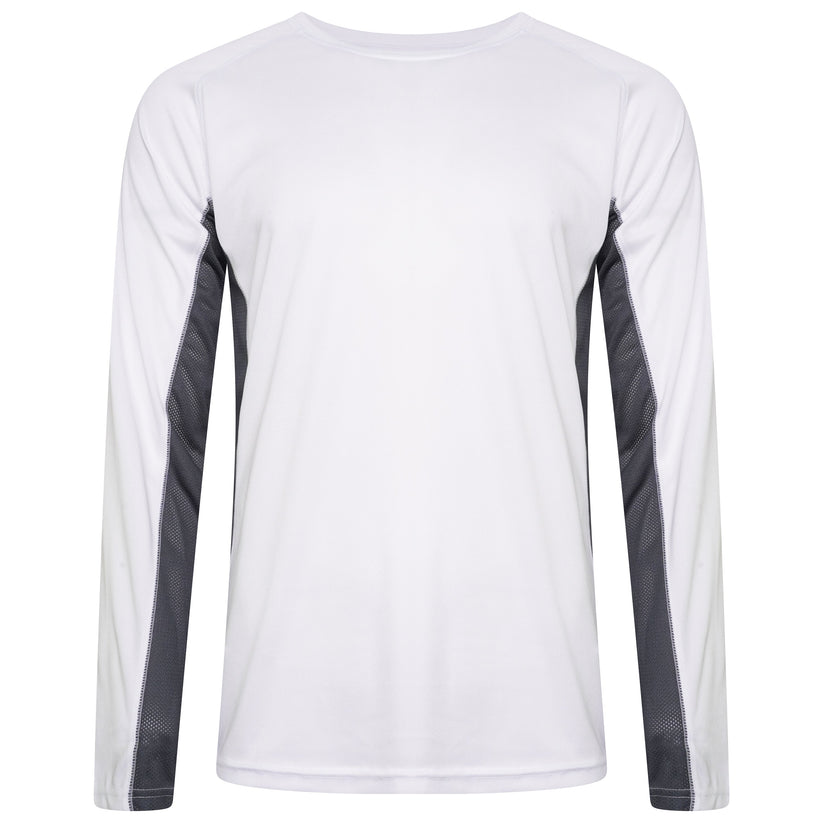 White long-sleeve shirt with gray sleeves on a white background