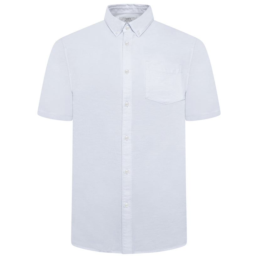 M&S Mens Cotton Oxford Shirt Short Sleeve Button Down Regular Fit - QHA UK