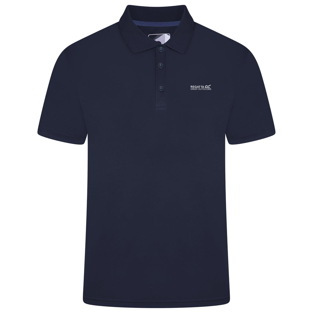 Navy blue polo shirt with a logo on a white background
