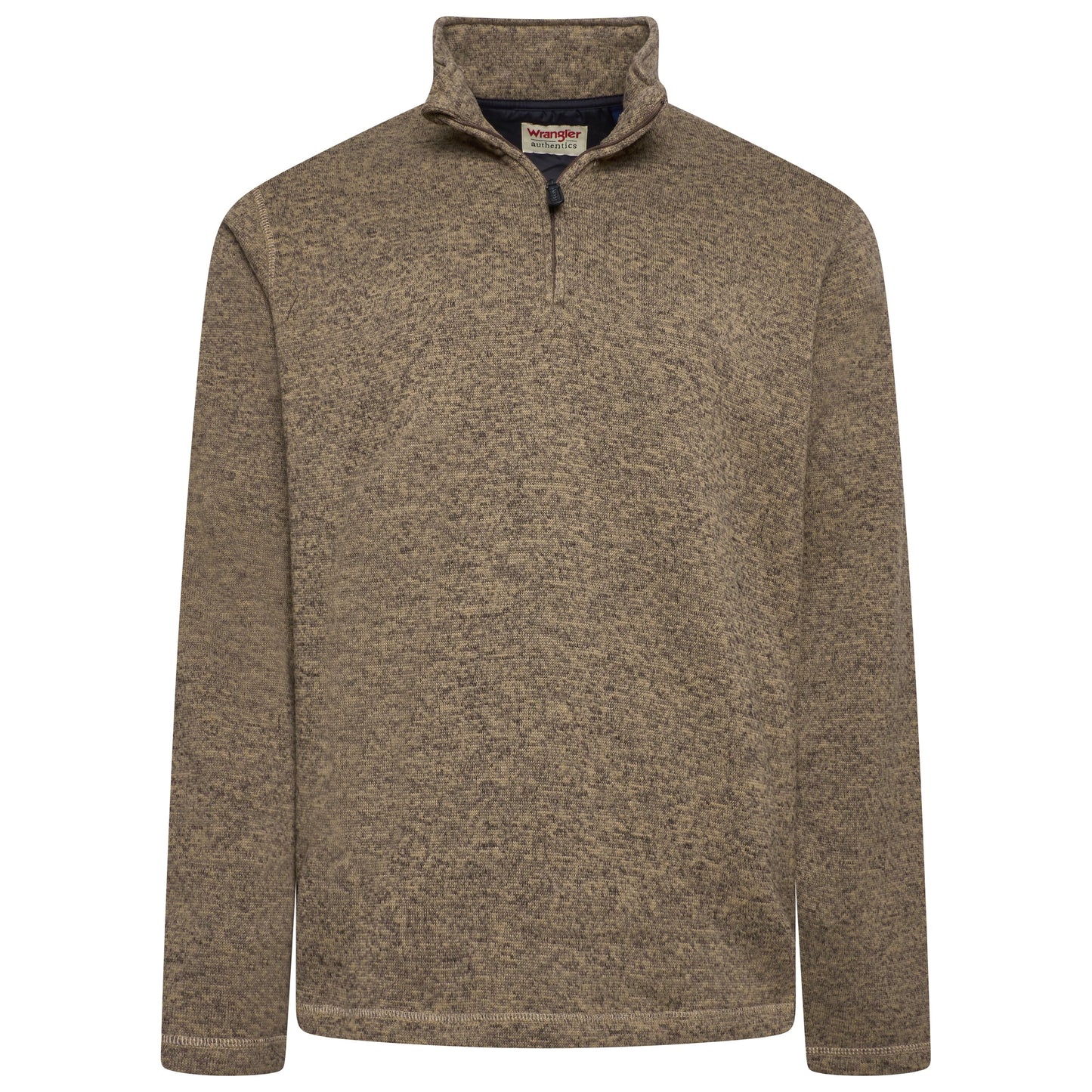 Brown fleece pullover with a brand label on a white background