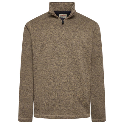Brown fleece pullover with a brand label on a white background