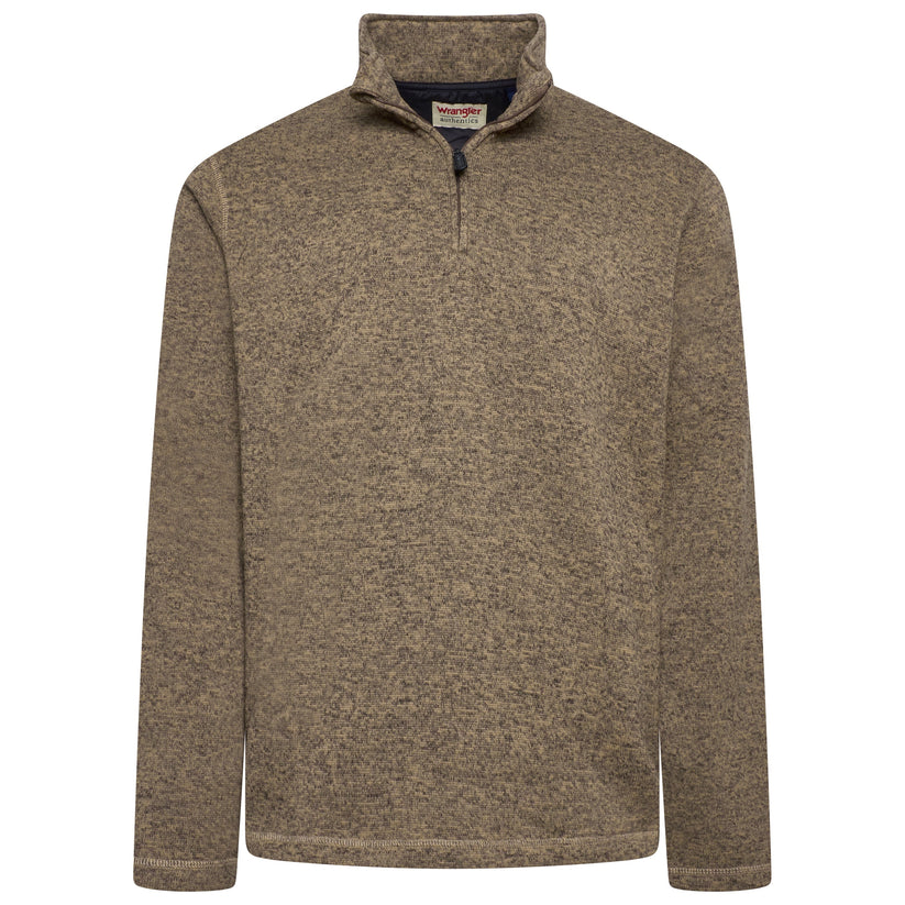 Brown fleece pullover with a brand label on a white background