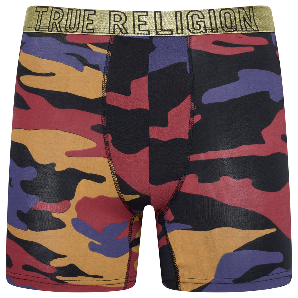 Camouflage-patterned underwear with 'True Religion' waistband on a white background