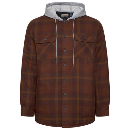 Brown plaid jacket with a gray hood on a white background