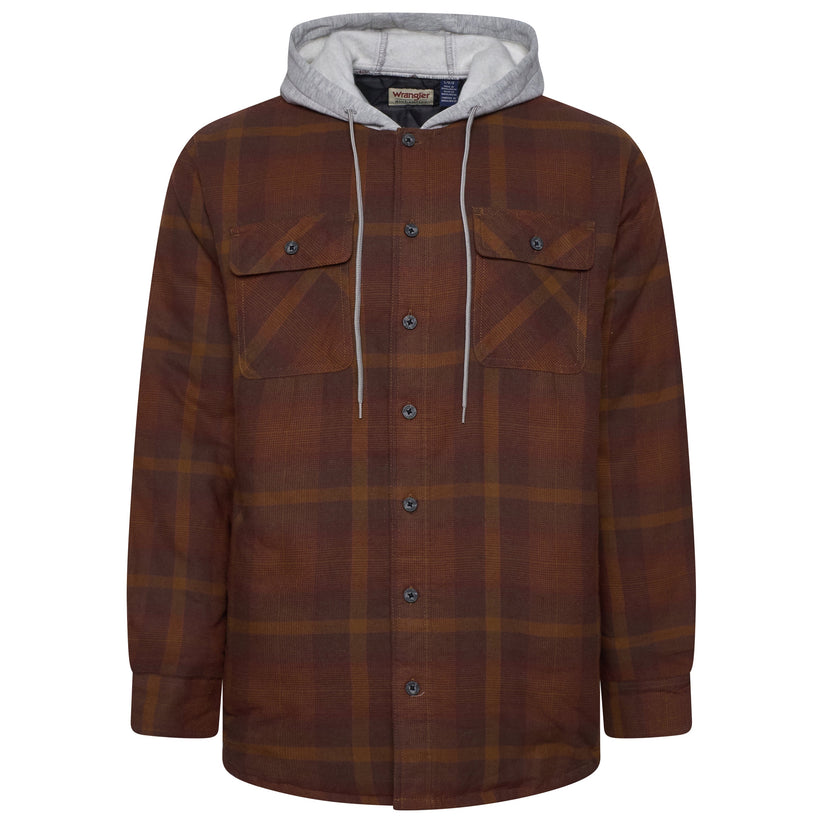 Brown plaid jacket with a gray hood on a white background