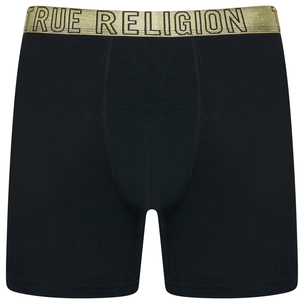 Black boxer briefs with a beige 'True Religion' waistband on a white background