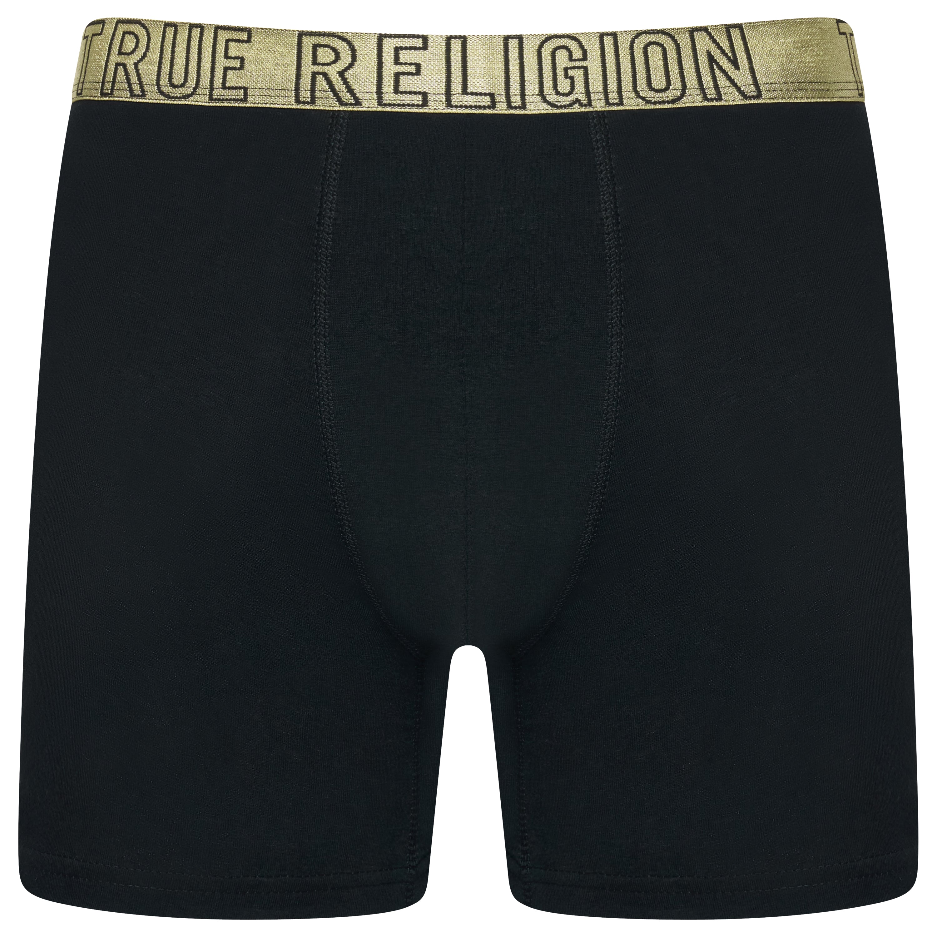 Black boxer briefs with a beige 'True Religion' waistband on a white background