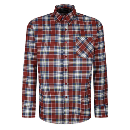 Plaid shirt with red, blue, and white pattern on a white background