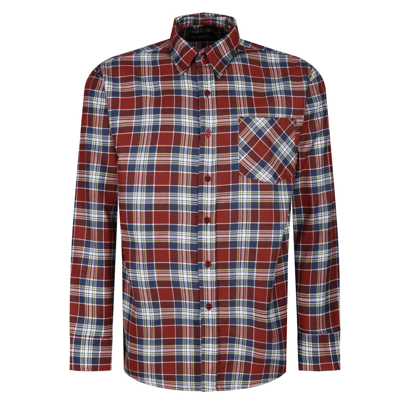 Plaid shirt with red, blue, and white pattern on a white background
