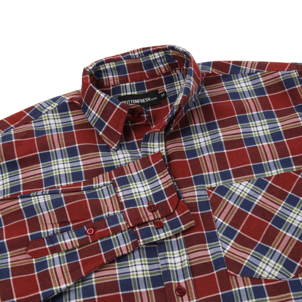 Mens Brushed Cotton Check Shirt Long Sleeve Button Casual Flannel Top - QHA UK