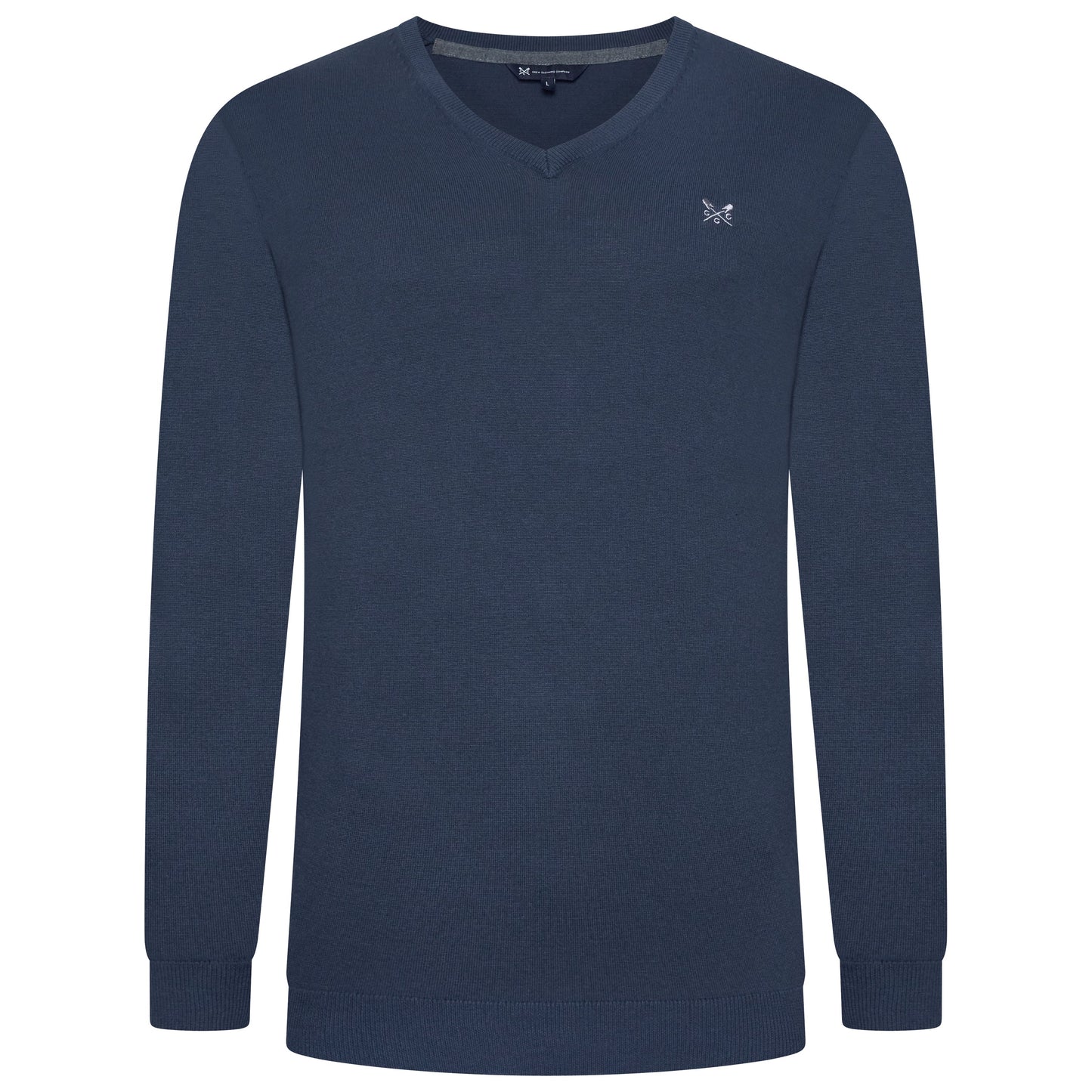 Navy blue long-sleeve shirt with a small logo on a white background