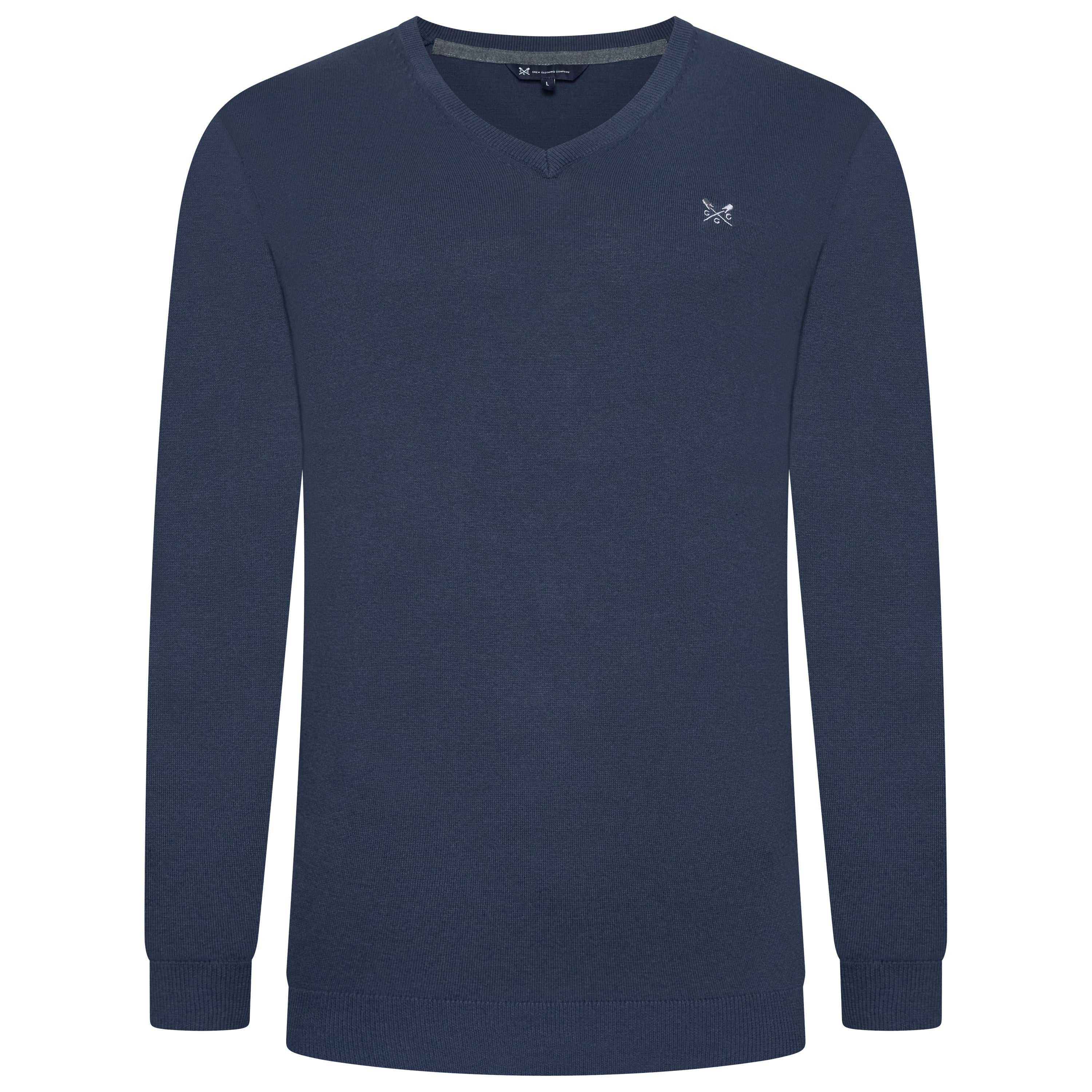 Navy blue long-sleeve shirt with a small logo on a white background