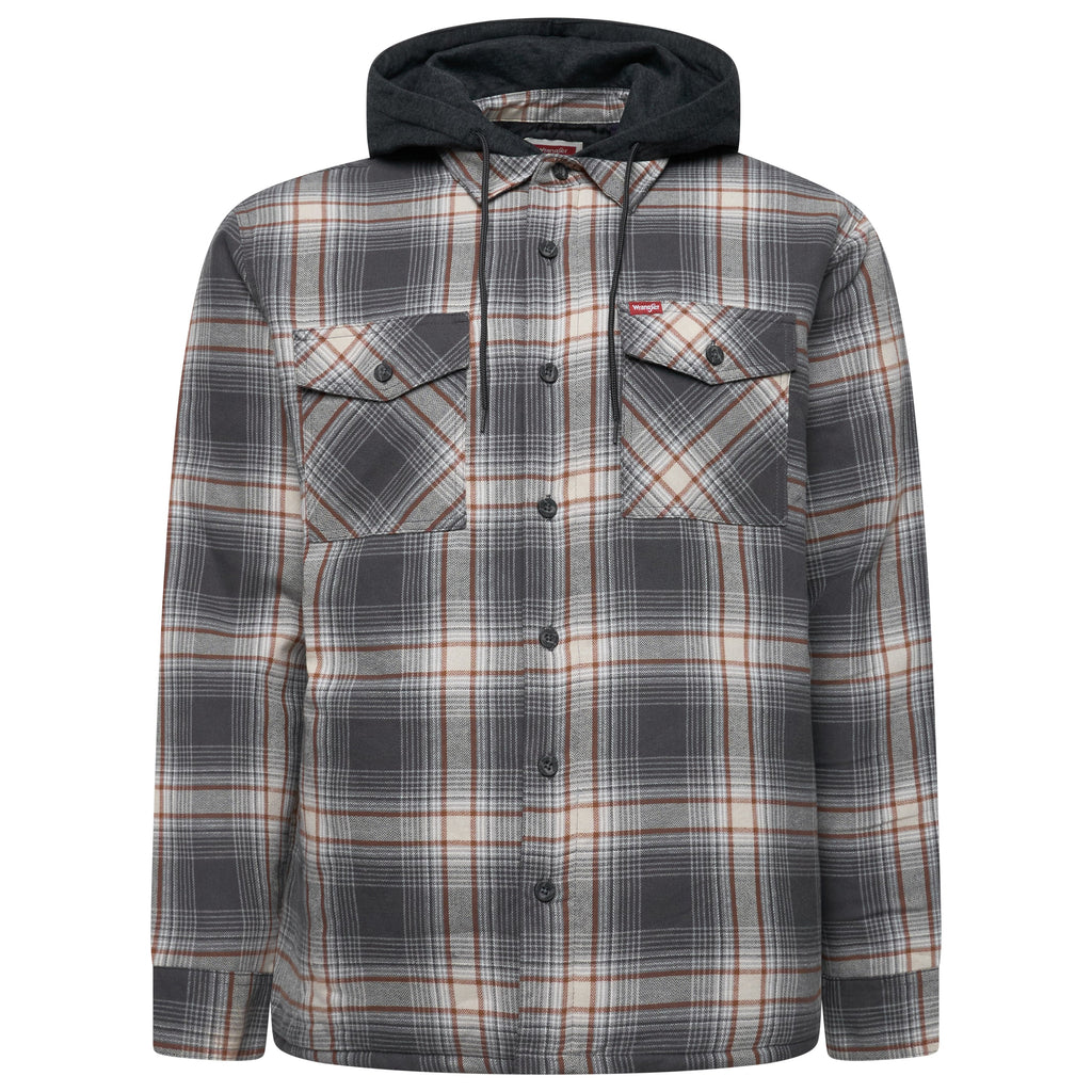 Wrangler Mens Hooded Overshirt Jacket Padded Check Shacket Coat - QHA UK