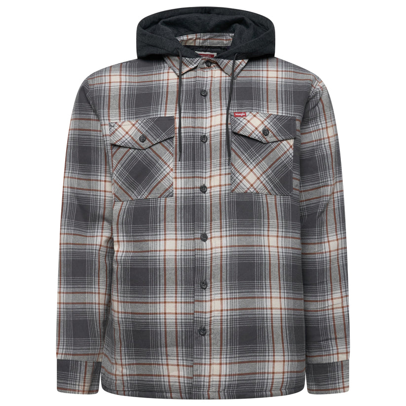 Wrangler Mens Hooded Overshirt Jacket Padded Check Shacket Coat - QHA UK