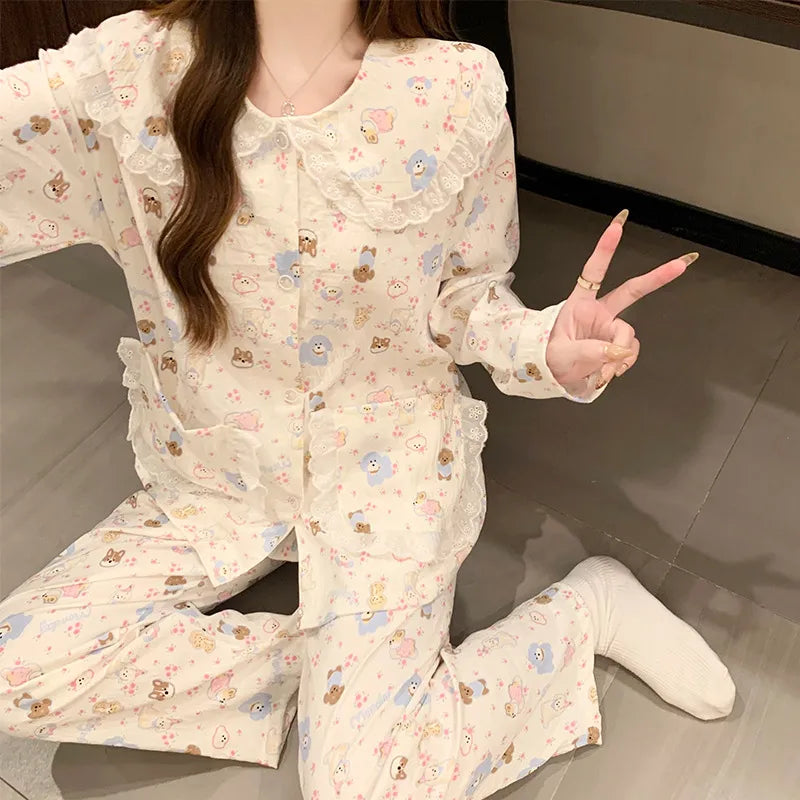 Women’s Cloud Cotton Pajama Set Long Sleeve Doll Collar Cute Home Sleepwear