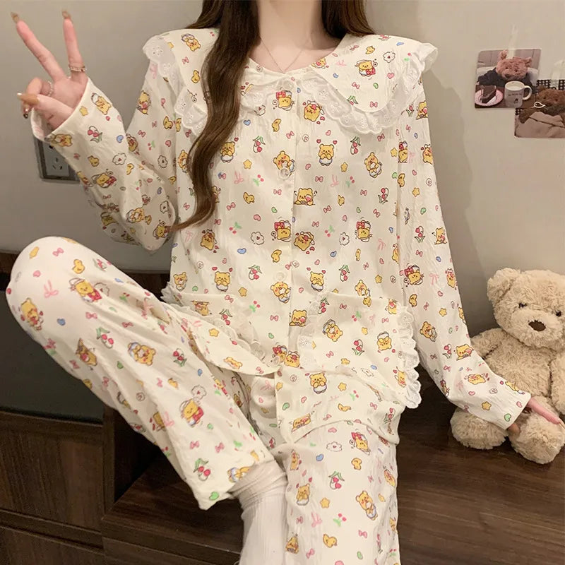 Women’s Cloud Cotton Pajama Set Long Sleeve Doll Collar Cute Home Sleepwear
