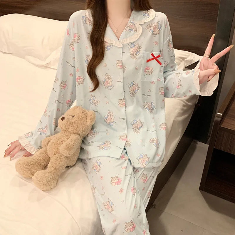 Women’s Butterfly Knot Cartoon Pajama Set Long Sleeve Cotton Feel Home Sleepwear