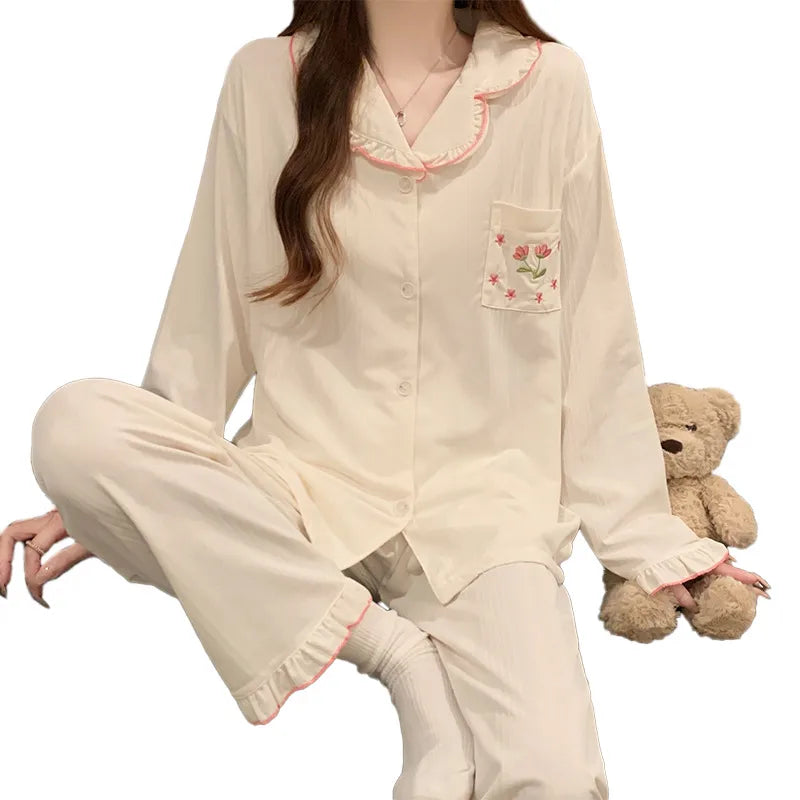 Women’s Tulip Floral Pajama Set Long Sleeve Cotton Feel Lace Home Sleepwear
