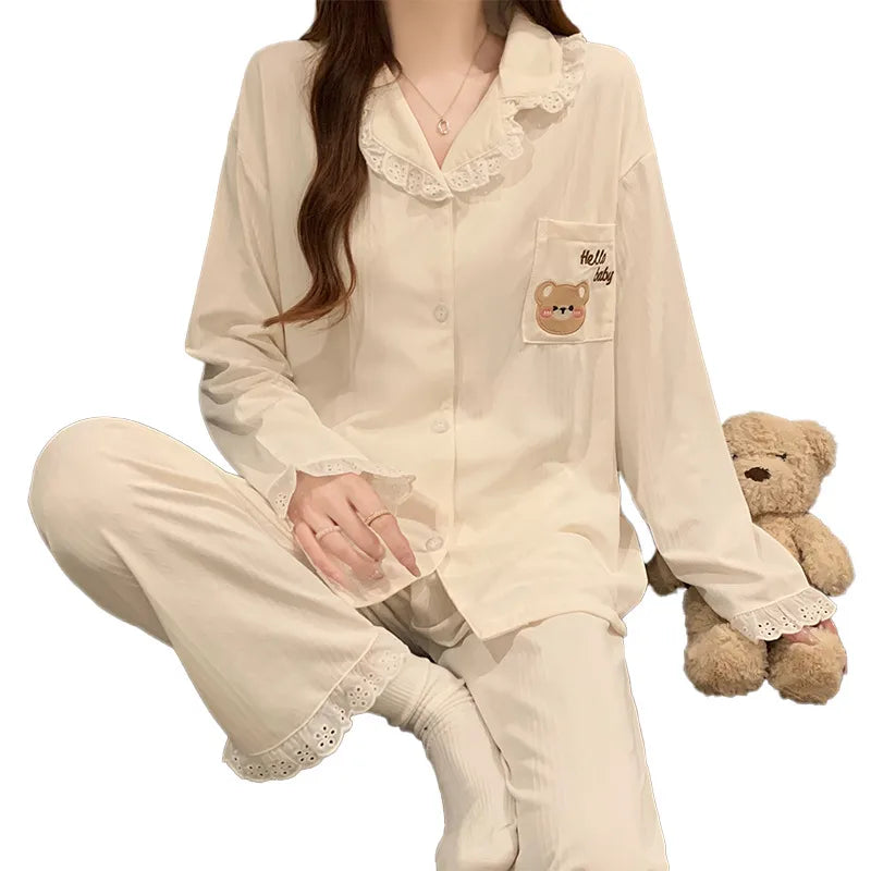 Women’s Sweet Cartoon Pajama Set Long Sleeve Cotton Feel Casual Home Sleepwear