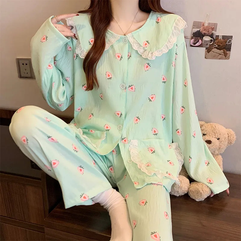 Women’s Cloud Cotton Pajama Set Long Sleeve Doll Collar Cute Home Sleepwear